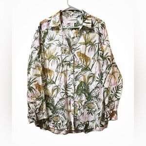 Rachel Zoe  LINEN Women’s Blouse Long Sleeve Button Down Palm‎ Print Sz L